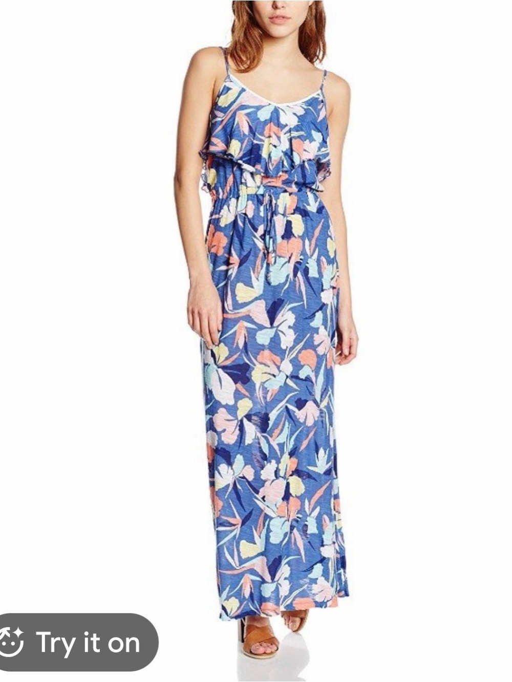 Roxy Blue Tropical Floral Ruffle Maxi Dress